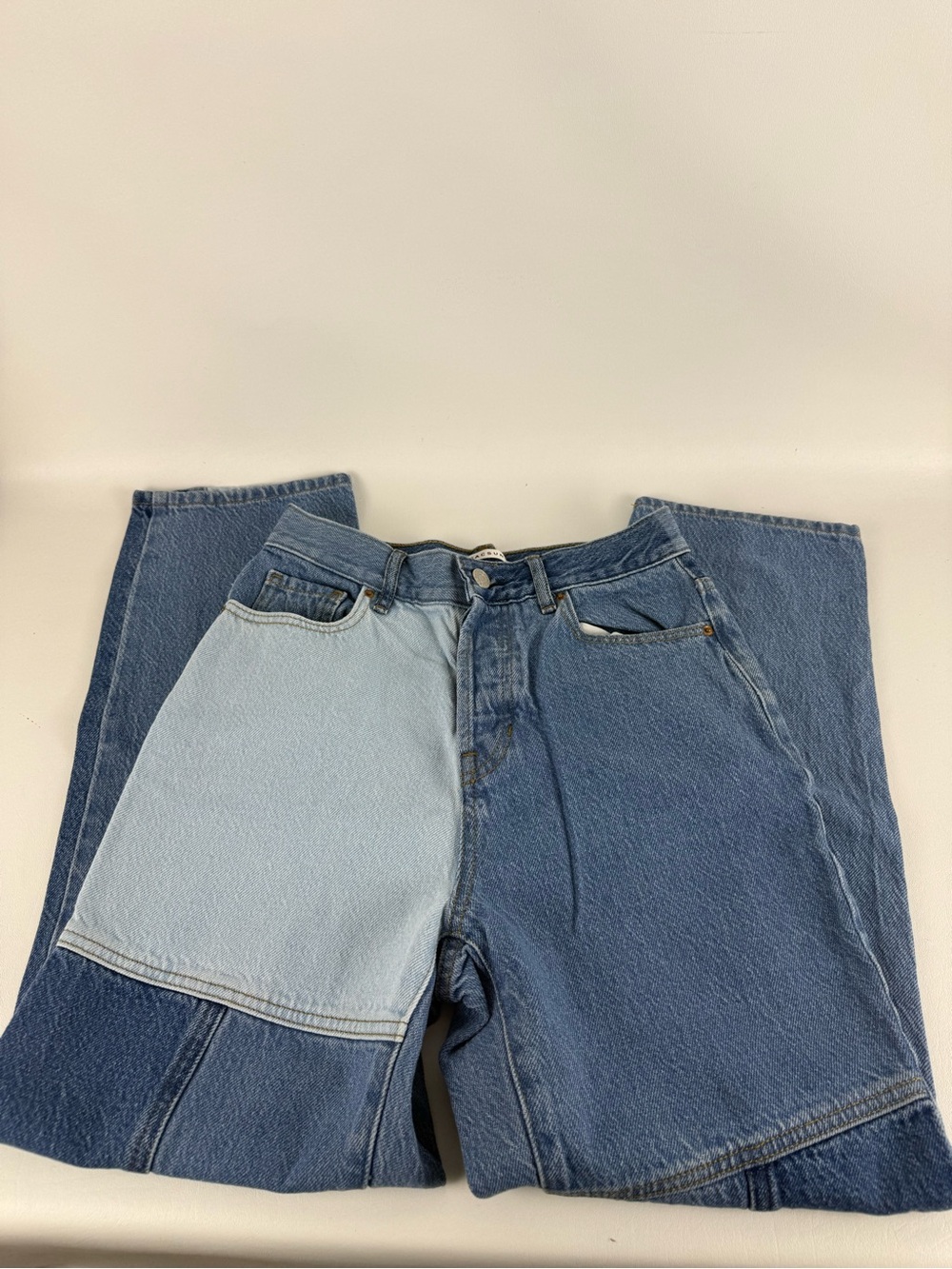 PacSun Two Tone Patchwork High Rise Straight Leg Jeans Colorblock Denim Sz 25